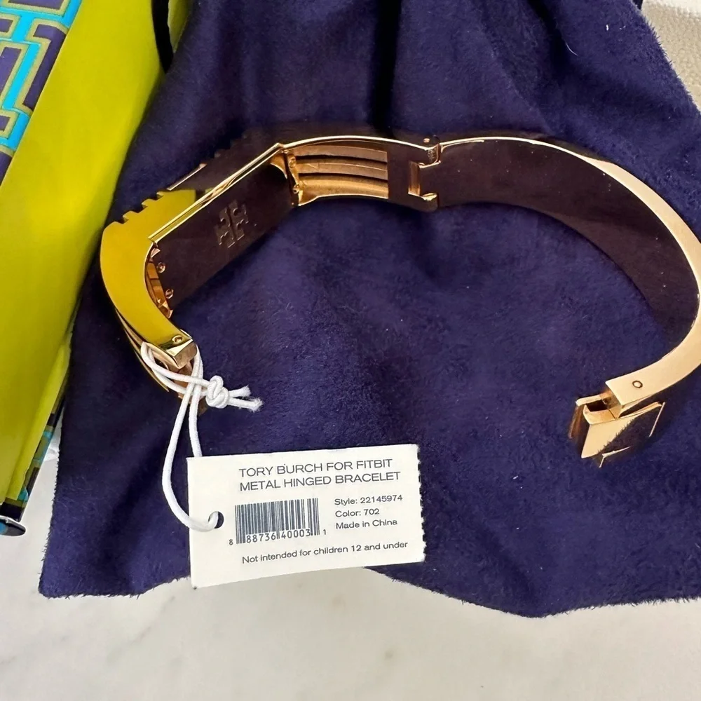 Tory Burch Fitbit Fret Metal Hinged Bracelet heavy gold with box and dust bag - Picture 3 of 5